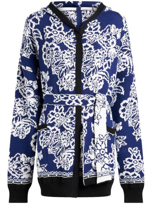 Floral-Jacquard Hooded Cardi-Coat