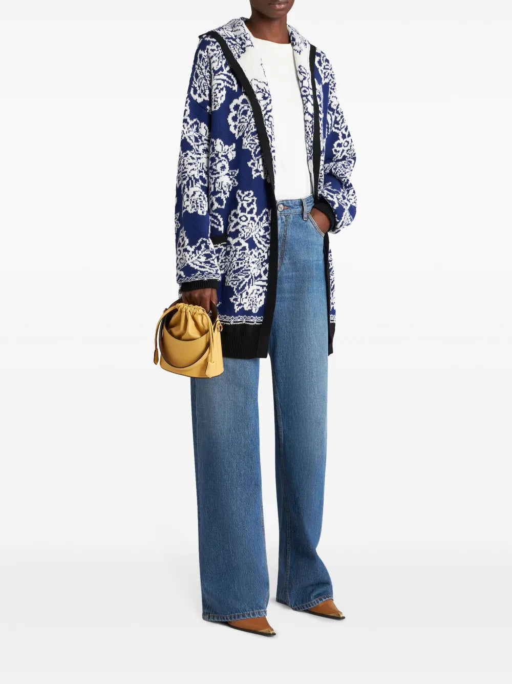 Floral-Jacquard Hooded Cardi-Coat