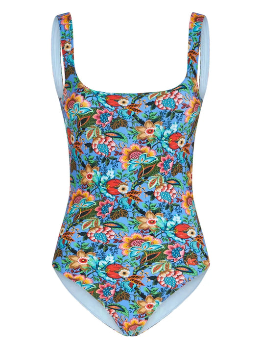 Bouquet-Print Open-Back Swimsuit