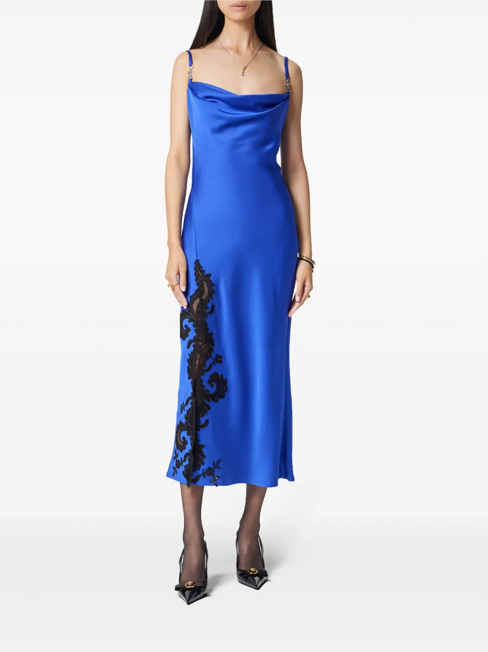 Barocco-Lace Embellished Satin Midi Dress