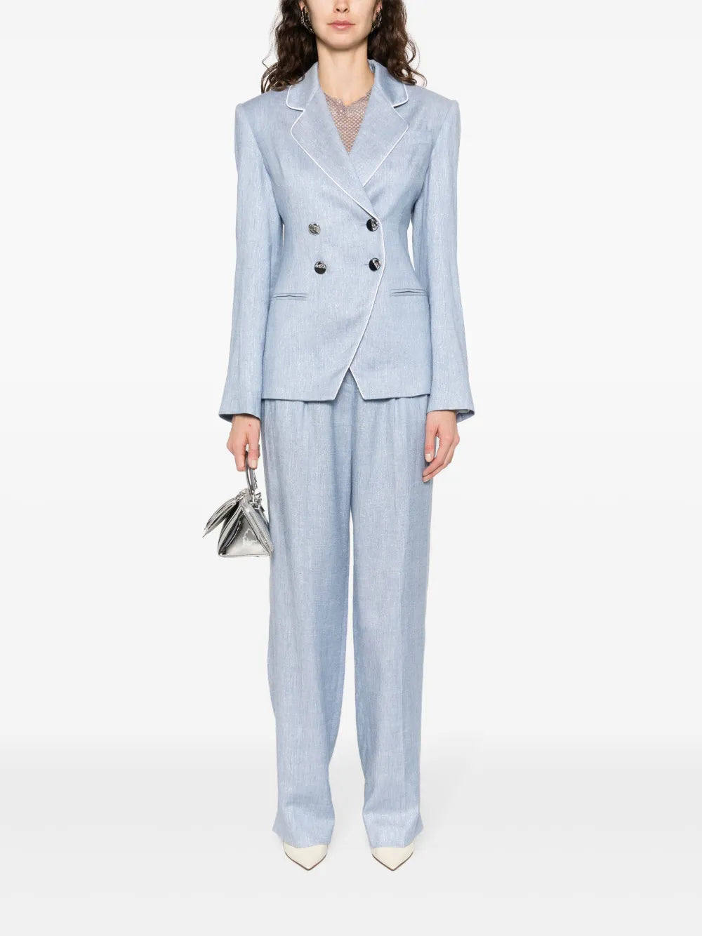 Pipe-Trimmed Double-Breasted Blazer