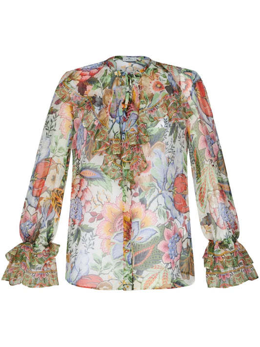 Ruffled Floral-Print Silk Shirt