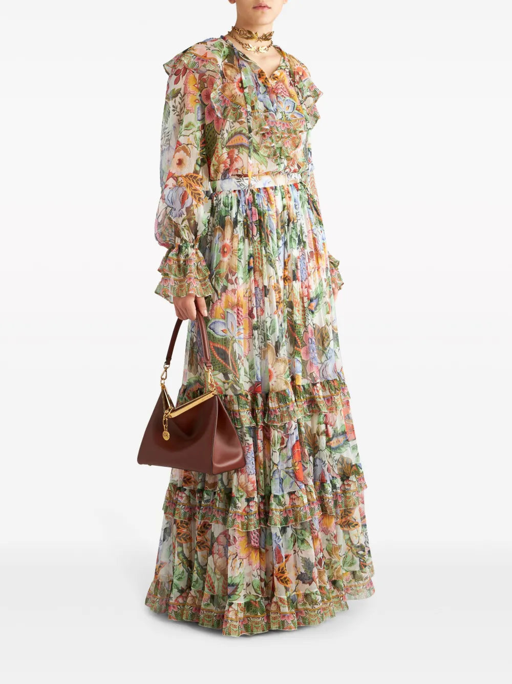 Ruffled Floral-Print Silk Shirt