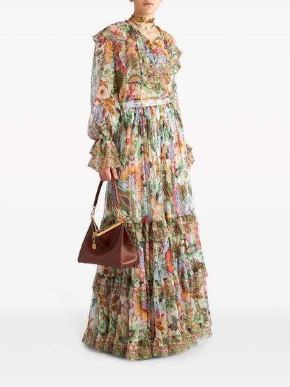 Ruffled Floral-Print Silk Shirt