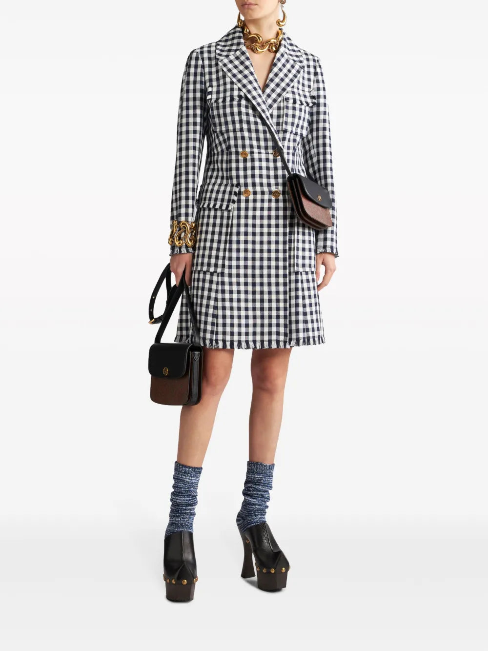 Gingham-Print Double-Breasted Coat