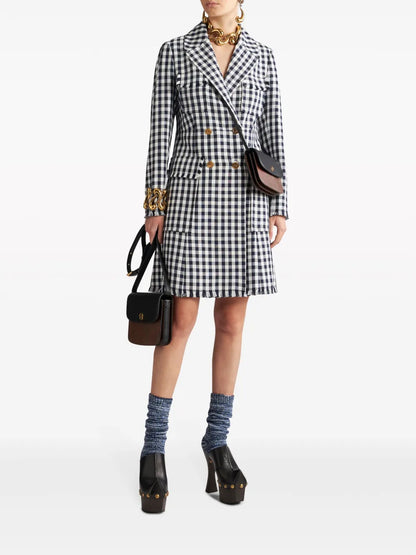 Gingham-Print Double-Breasted Coat