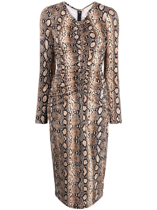 Snakeskin-Print Ruched Midi Dress