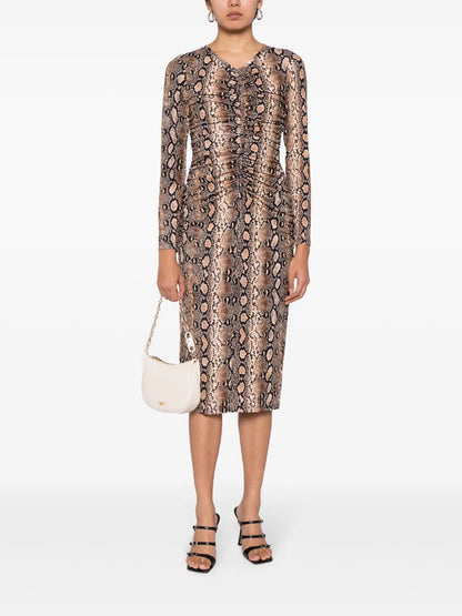 Snakeskin-Print Ruched Midi Dress