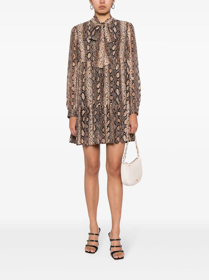 Snakeskin-Print Pussy-Bow Minidress