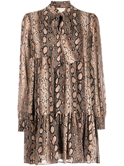 Snakeskin-Print Pussy-Bow Minidress