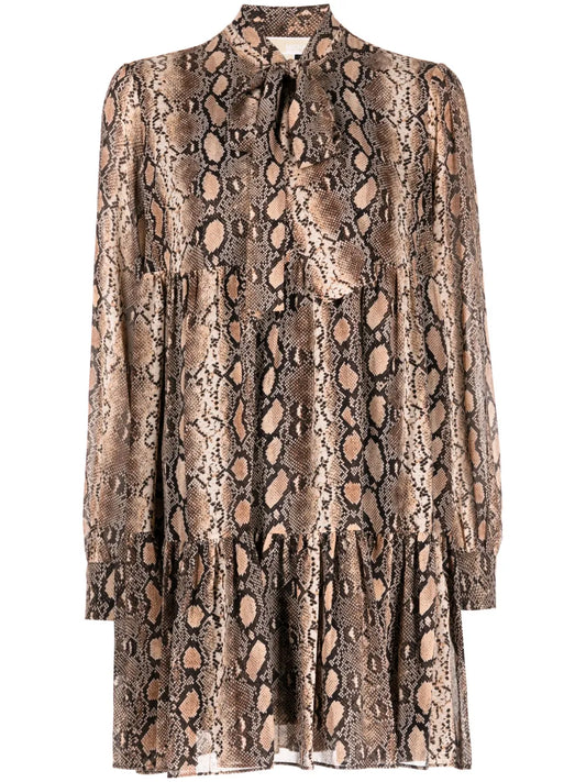 Snakeskin-Print Pussy-Bow Minidress