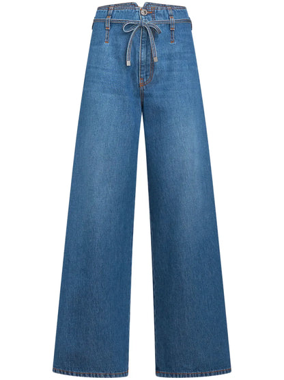 Floral-Embroidered Belted Jeans