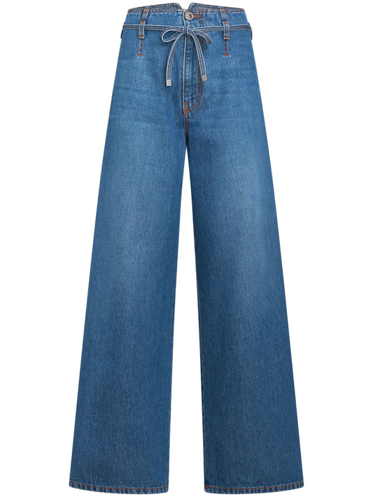 Floral-Embroidered Belted Jeans