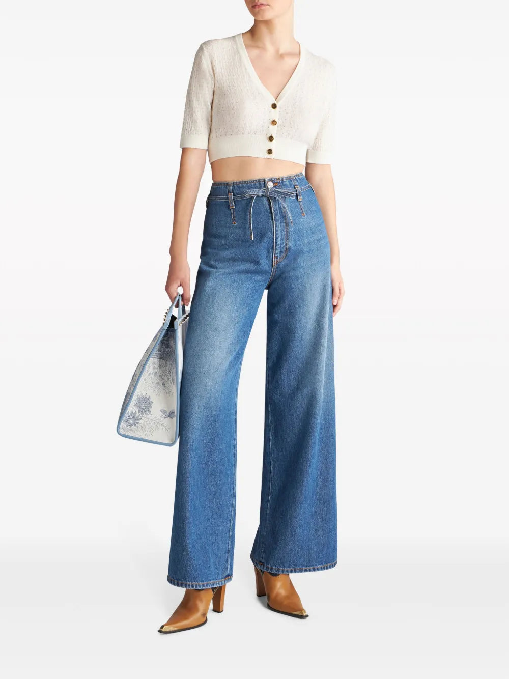 Floral-Embroidered Belted Jeans