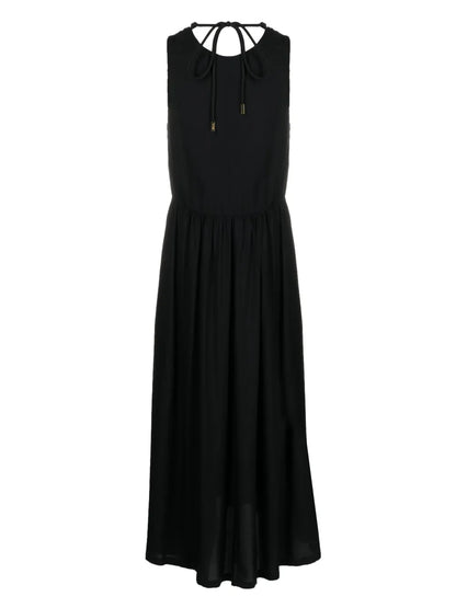 Drawstring-Neck Flared Short Dress