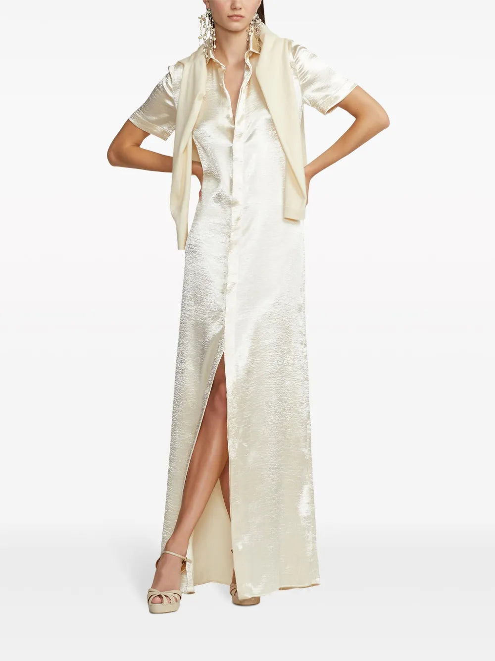 Short-Sleeved Satin Shirt Dress