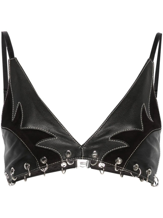Rings-Detailed Leather Bralette Top