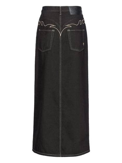 Contrast-Stitching Denim Midi Skirt