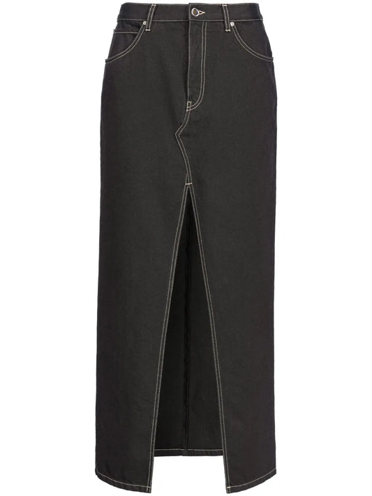 Contrast-Stitching Denim Midi Skirt