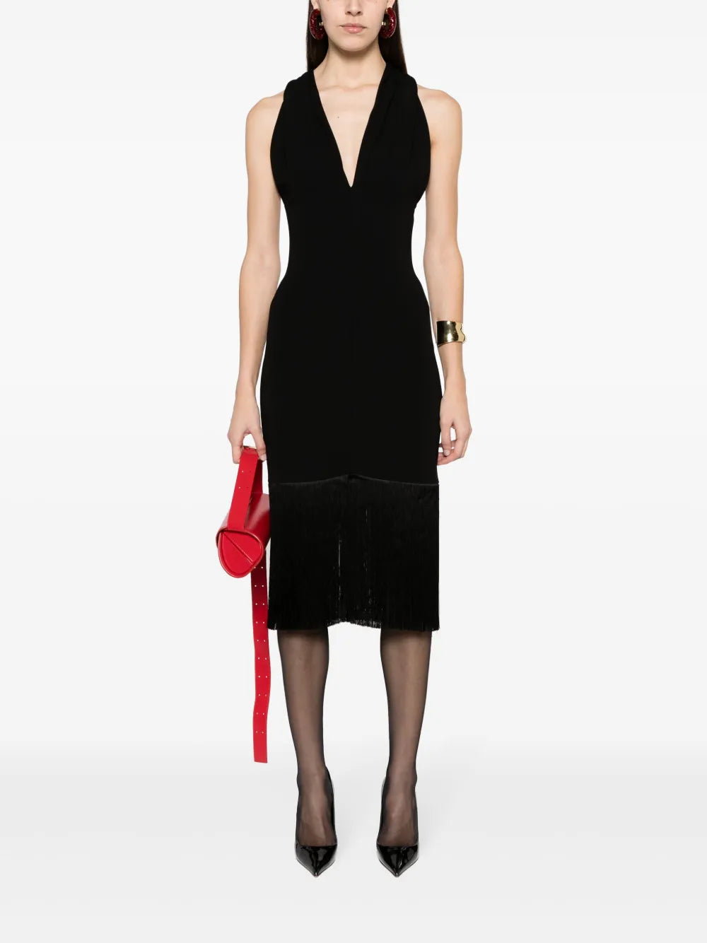 V-Neck Fringed Midi Dress