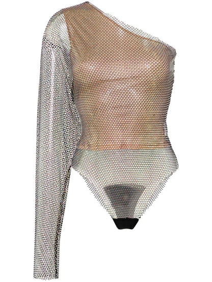 One-Shoulder Rhinestone-Embellished Bodysuit