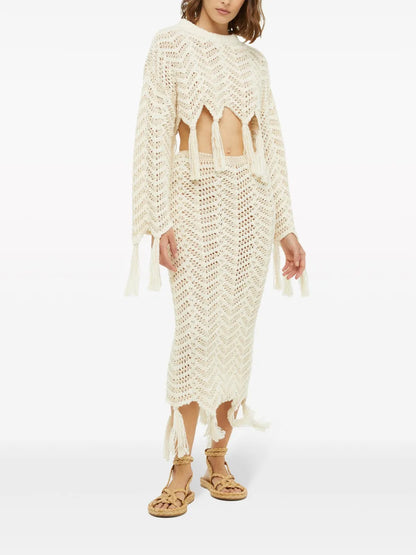 Chevron Knit Fringed Cropped Jumper