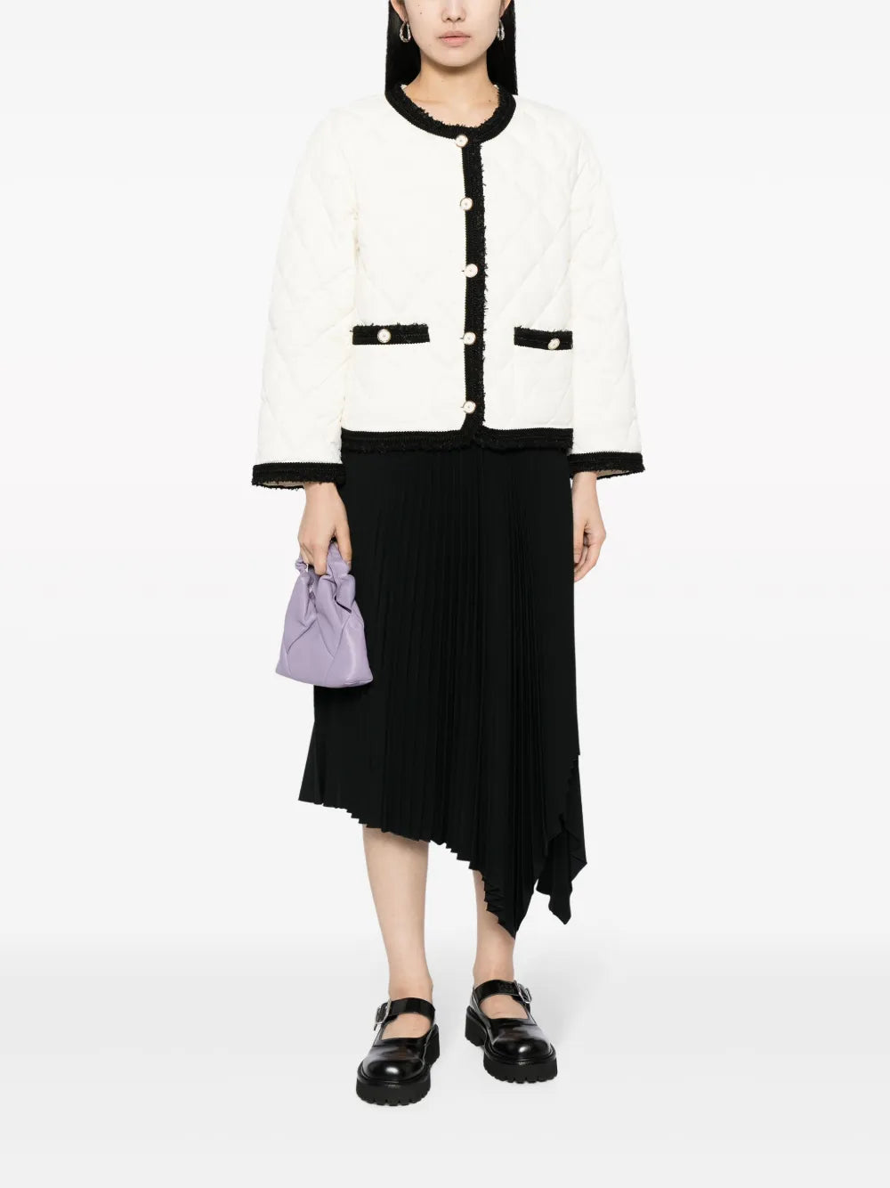 Contrasting-Trim Frayed Quilted Jacket