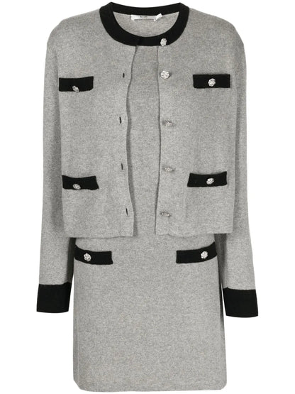 Crystal-Embellished Button Fine-Knit Suit Skirt