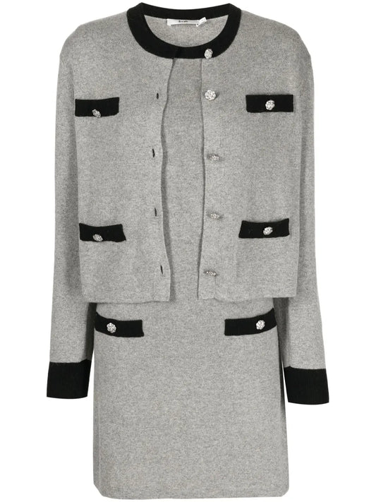 Crystal-Embellished Button Fine-Knit Suit Skirt