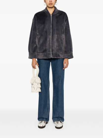 Band-Collar Faux Fur Jacket