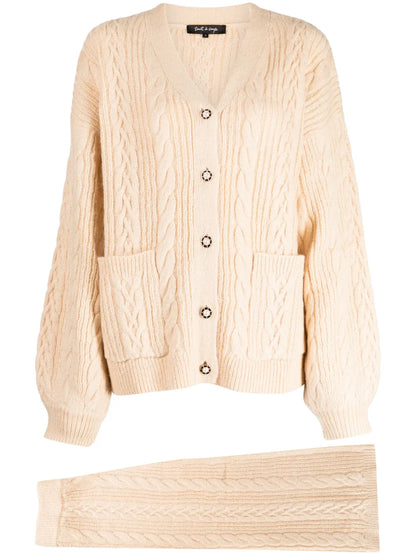 Faux-Pearl Button Cable-Knit Cardigan Set