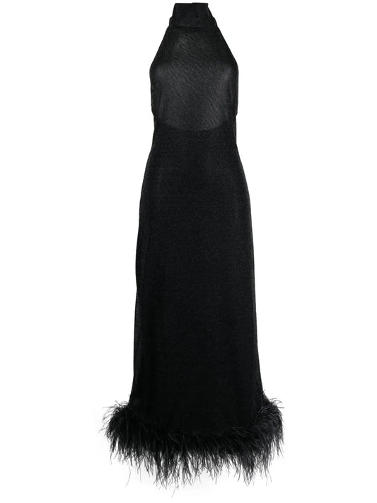 Halterneck Feather-Trim Maxi Dress