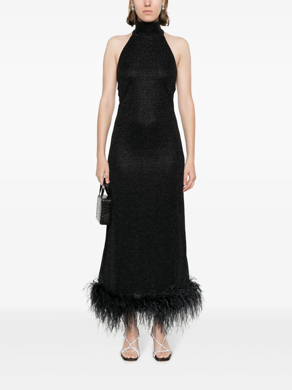 Halterneck Feather-Trim Maxi Dress