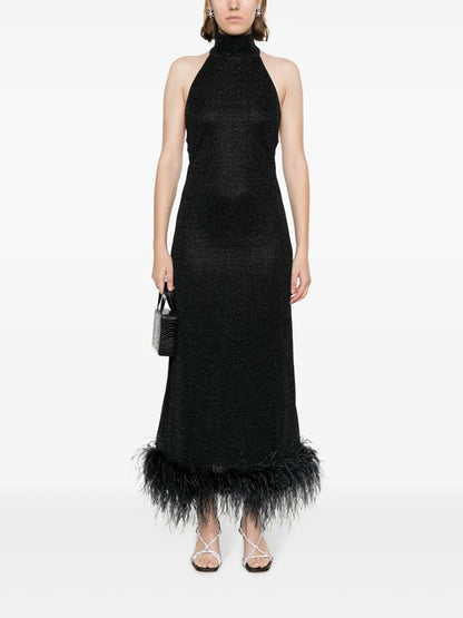 Halterneck Feather-Trim Maxi Dress
