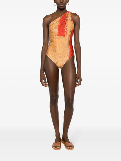Warped-Print One-Shoulder One-Piece