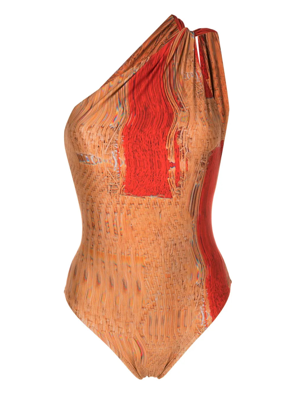 Warped-Print One-Shoulder One-Piece