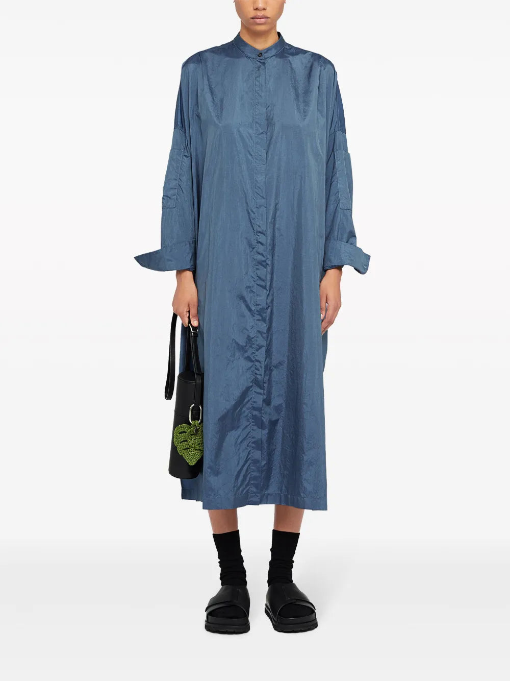 Belted Collarless Midi Shirt Dress