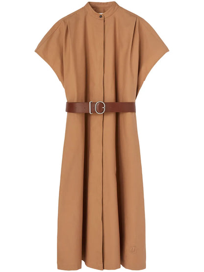 Collarless Belted Shirt Dress