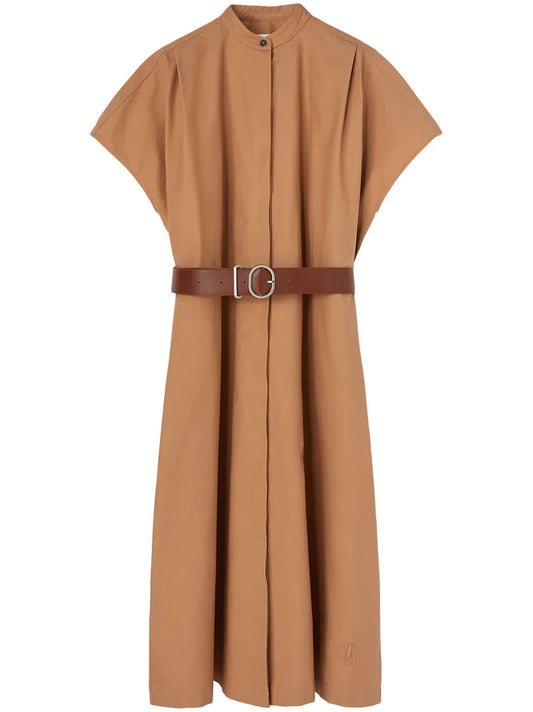 Collarless Belted Shirt Dress