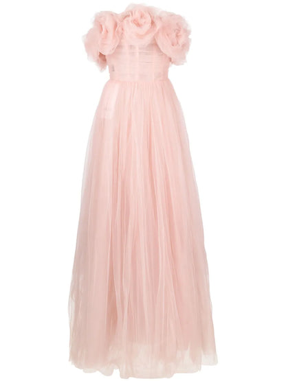 Rose-Appliqué Tulle Gown Dress