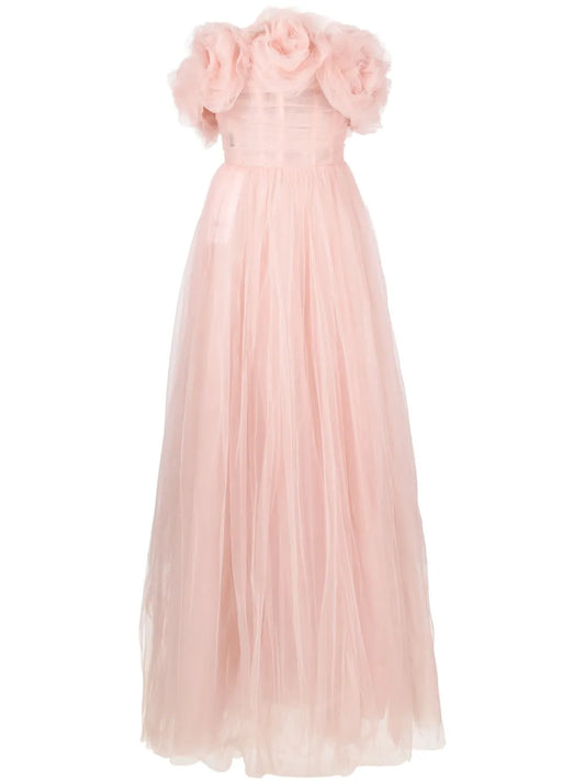 Rose-Appliqué Tulle Gown Dress