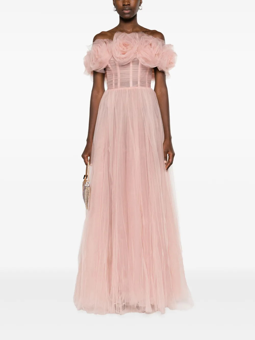 Rose-Appliqué Tulle Gown Dress