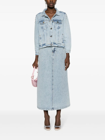Crystal-Embellished Washed Denim Midi Skirt
