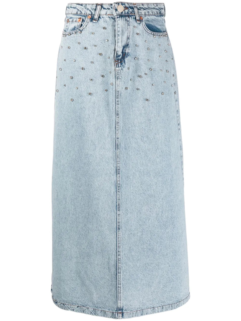 Crystal-Embellished Washed Denim Midi Skirt