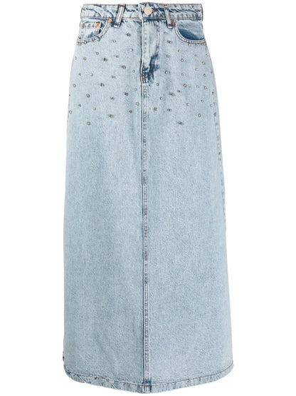 Crystal-Embellished Washed Denim Midi Skirt