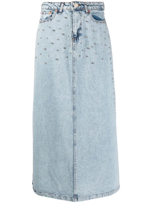 Crystal-Embellished Washed Denim Midi Skirt