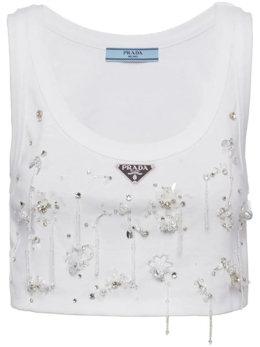 Crystal-Embroidered Ribbed Tank Top