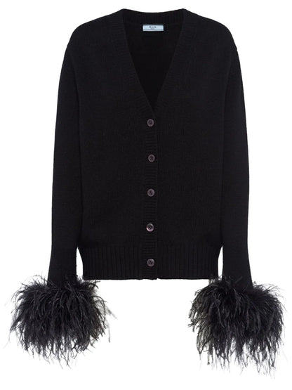 Feather-Trim Cashmere Cardigan