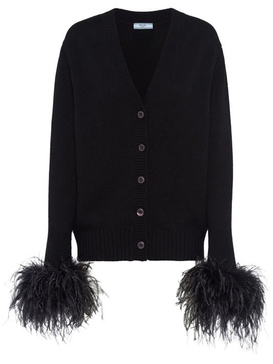 Feather-Trim Cashmere Cardigan