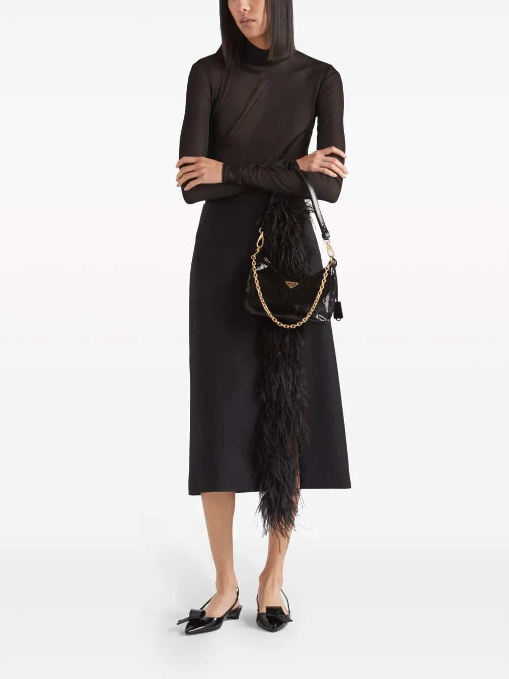 Feather-Trimmed Wool Midi Skirt
